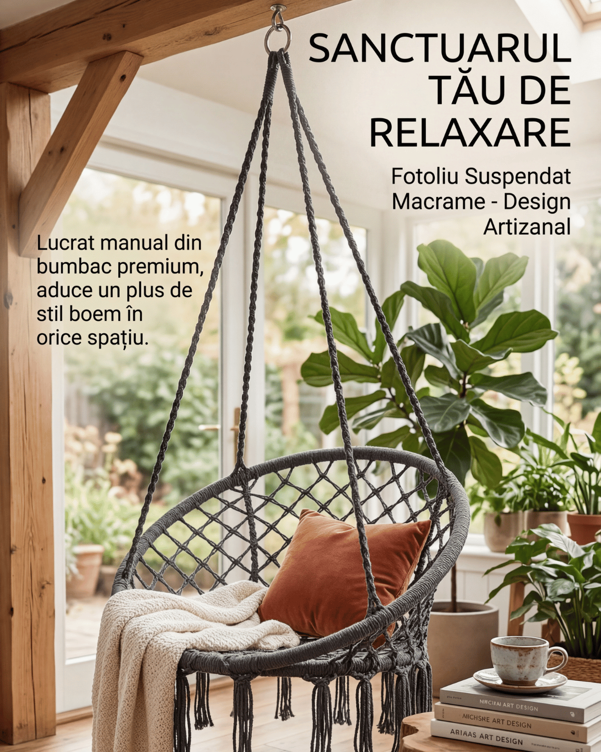 Fotoliu Suspendat Tip Leagăn Brazilian, Stil Boho cu Franjuri, 80cm, Sarcină Maximă 150kg, Cadru Oțel, Gri/Bej