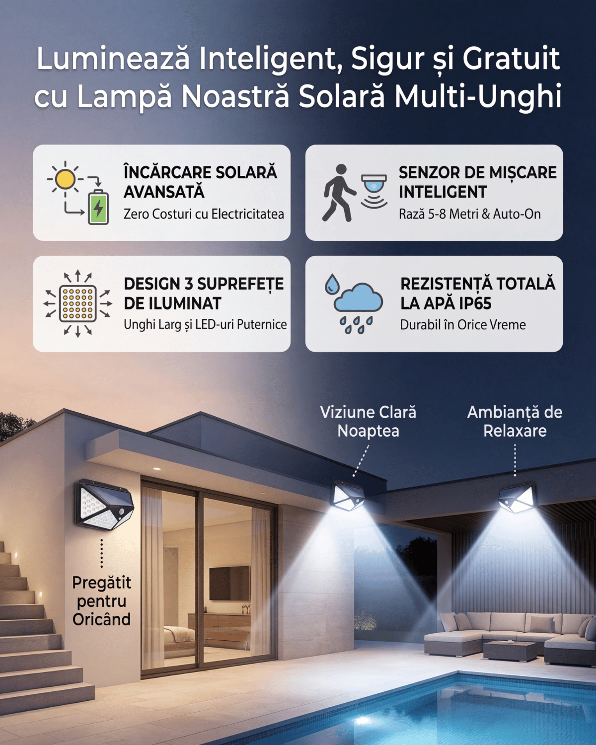 Set 8 lampi solare, 100 leduri cu senzori de miscare si 3 moduri de functionare, buton ON/OFF, Baterie 600 mAh