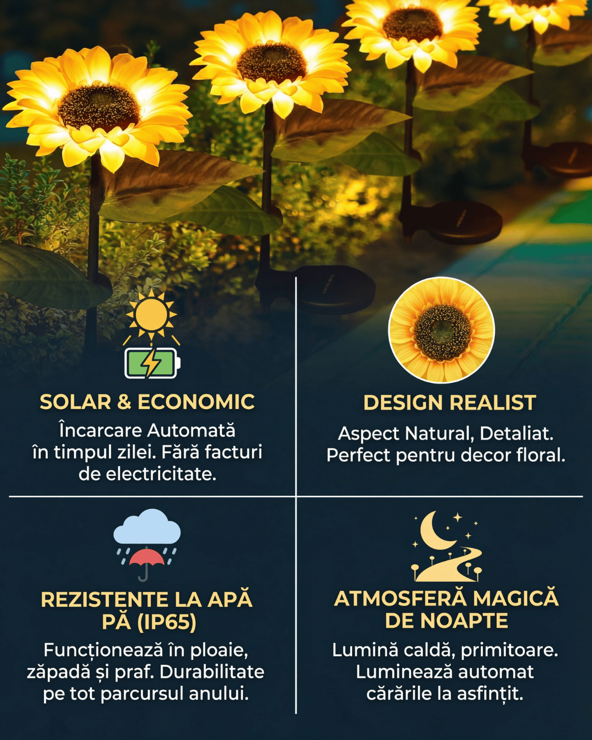 Set 4x Lămpi Solare LED tip Floarea Soarelui pentru Grădină, 10 Micro-LED-uri, Înălțime 70 cm, IP65, Iluminare Automată cu Senzor