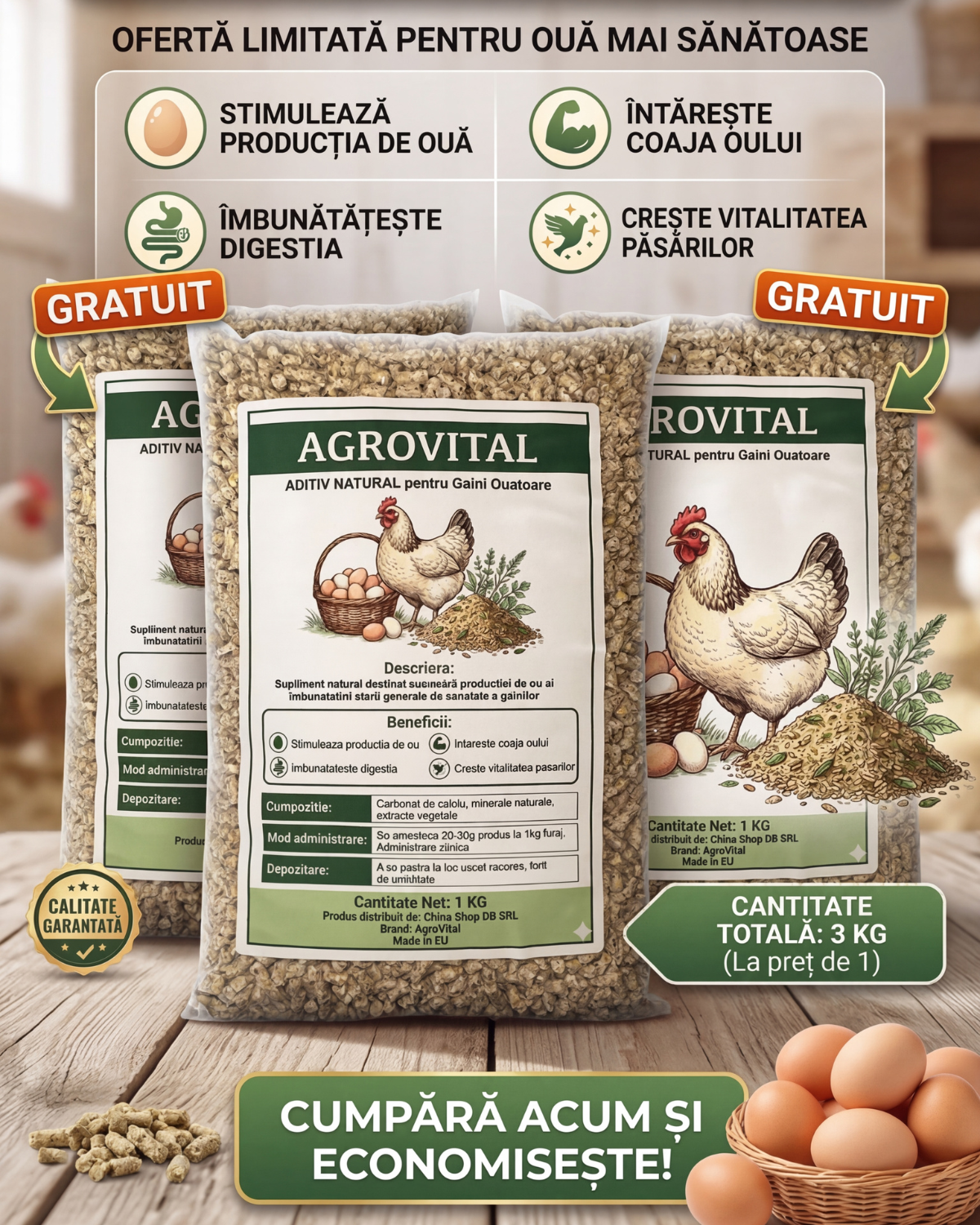 Ofertǎ 1+2 Gratis- Aditiv Natural Bio pentru Găini- ajuta la Hrănire și Ouat- 1kg