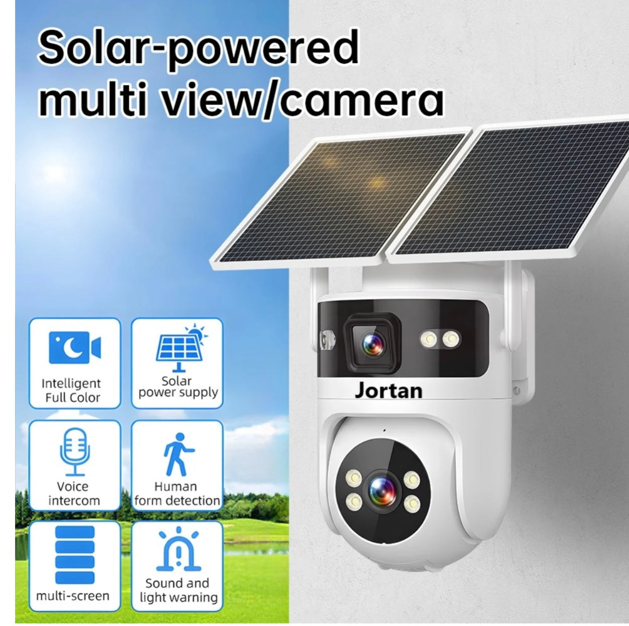 Camera de supraveghere Jortan 4G Cu Panou Solar, 8MP 6K dubla, 10X zoom, procesor AI, rotire rapida din aplicatie, 2 lentile, vedere nocturna color, senzor de miscare, lumina LED, Card cadou
