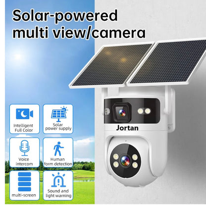 Camera de supraveghere Jortan 4G Cu Panou Solar, 8MP 6K dubla, 10X zoom, procesor AI, rotire rapida din aplicatie, 2 lentile, vedere nocturna color, senzor de miscare, lumina LED, Card cadou