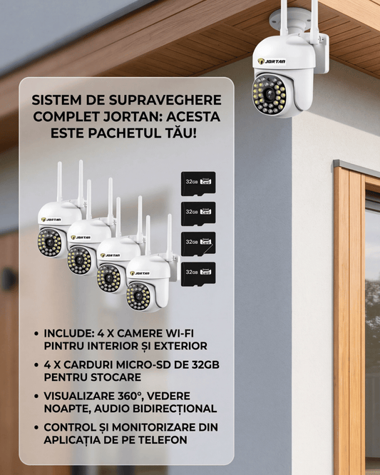 Pachet 4 x Cameră de Supraveghere Jortan, 28 LED-uri, WiFi, HD, 4 Carduri 32GB Incluse