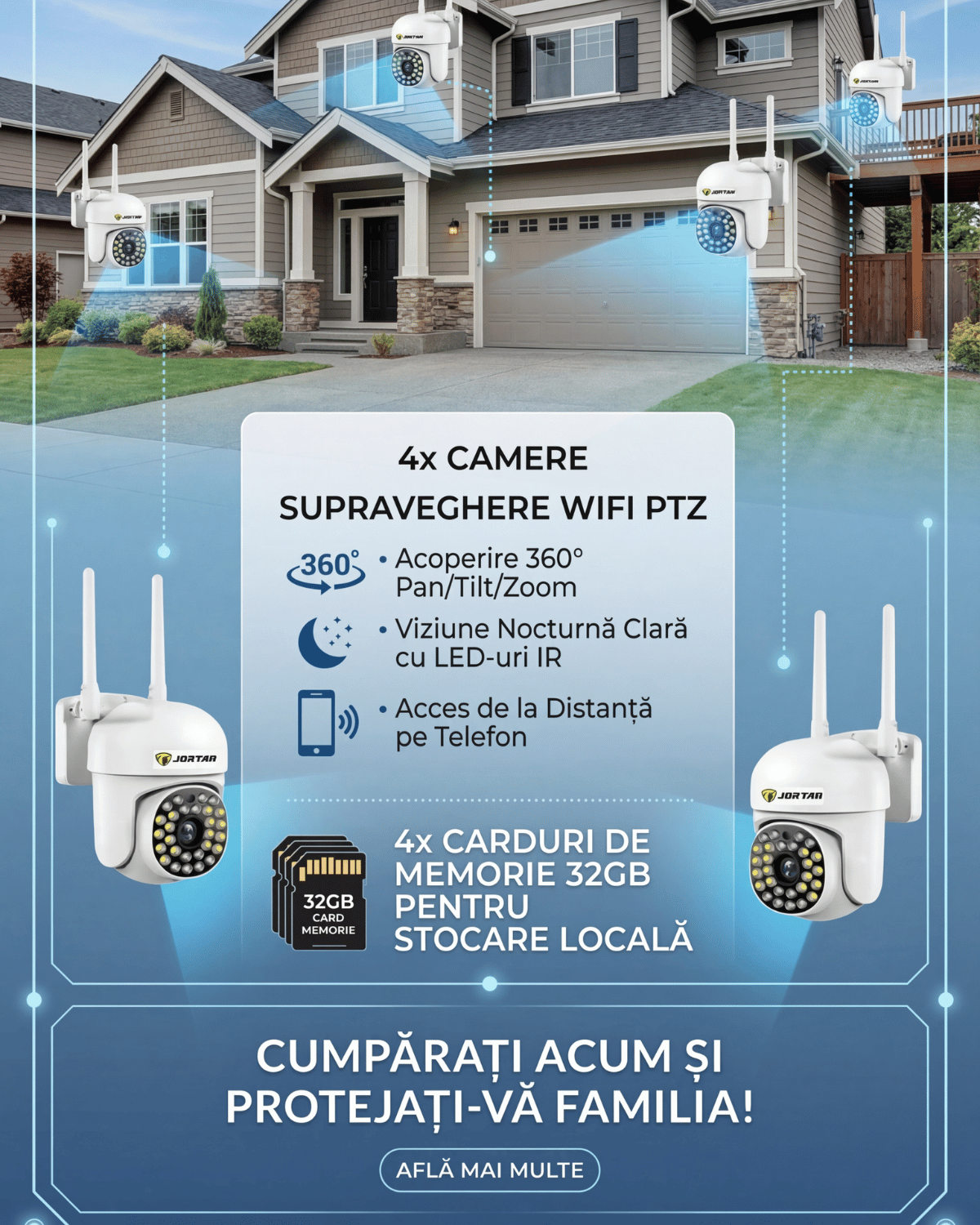 Pachet 4 x Cameră de Supraveghere Jortan, 28 LED-uri, WiFi, HD, 4 Carduri 32GB Incluse