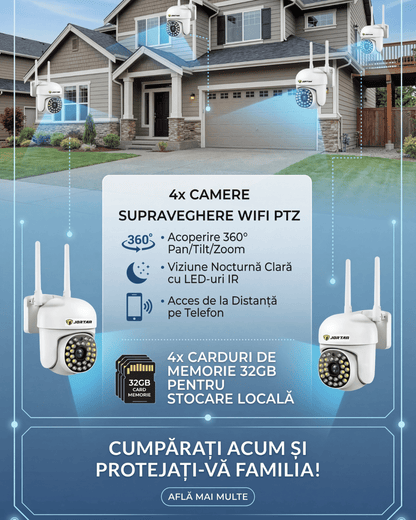 Pachet 4 x Cameră de Supraveghere Jortan, 28 LED-uri, WiFi, HD, 4 Carduri 32GB Incluse