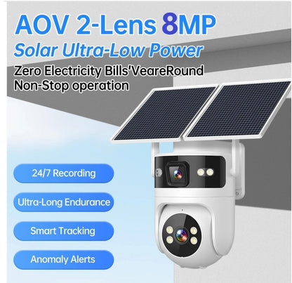 Camera de supraveghere Jortan 4G Cu Panou Solar, 8MP 6K dubla, 10X zoom, procesor AI, rotire rapida din aplicatie, 2 lentile, vedere nocturna color, senzor de miscare, lumina LED, Card cadou