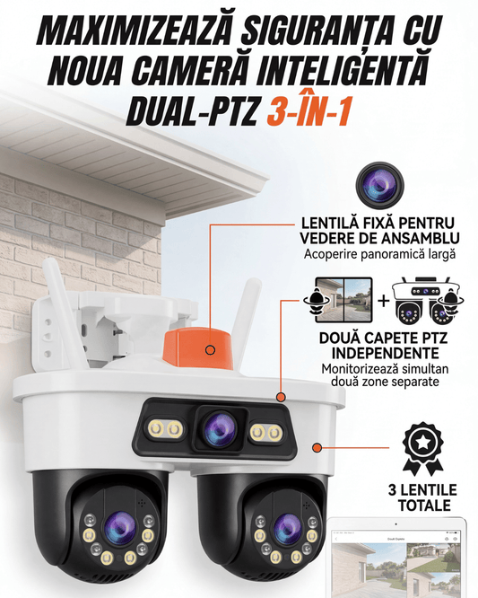 Cameră de Supraveghere WiFi Jortan 9MP cu 3 Lentile, Cap Dual, Rotire PTZ 355°, Viziune Nocturnă, Compatibilă cu aplicația Yoosee