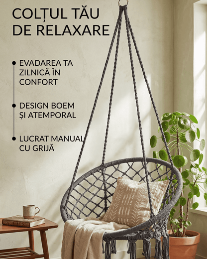 Fotoliu Suspendat Tip Leagăn Brazilian, Stil Boho cu Franjuri, 80cm, Sarcină Maximă 150kg, Cadru Oțel, Gri/Bej