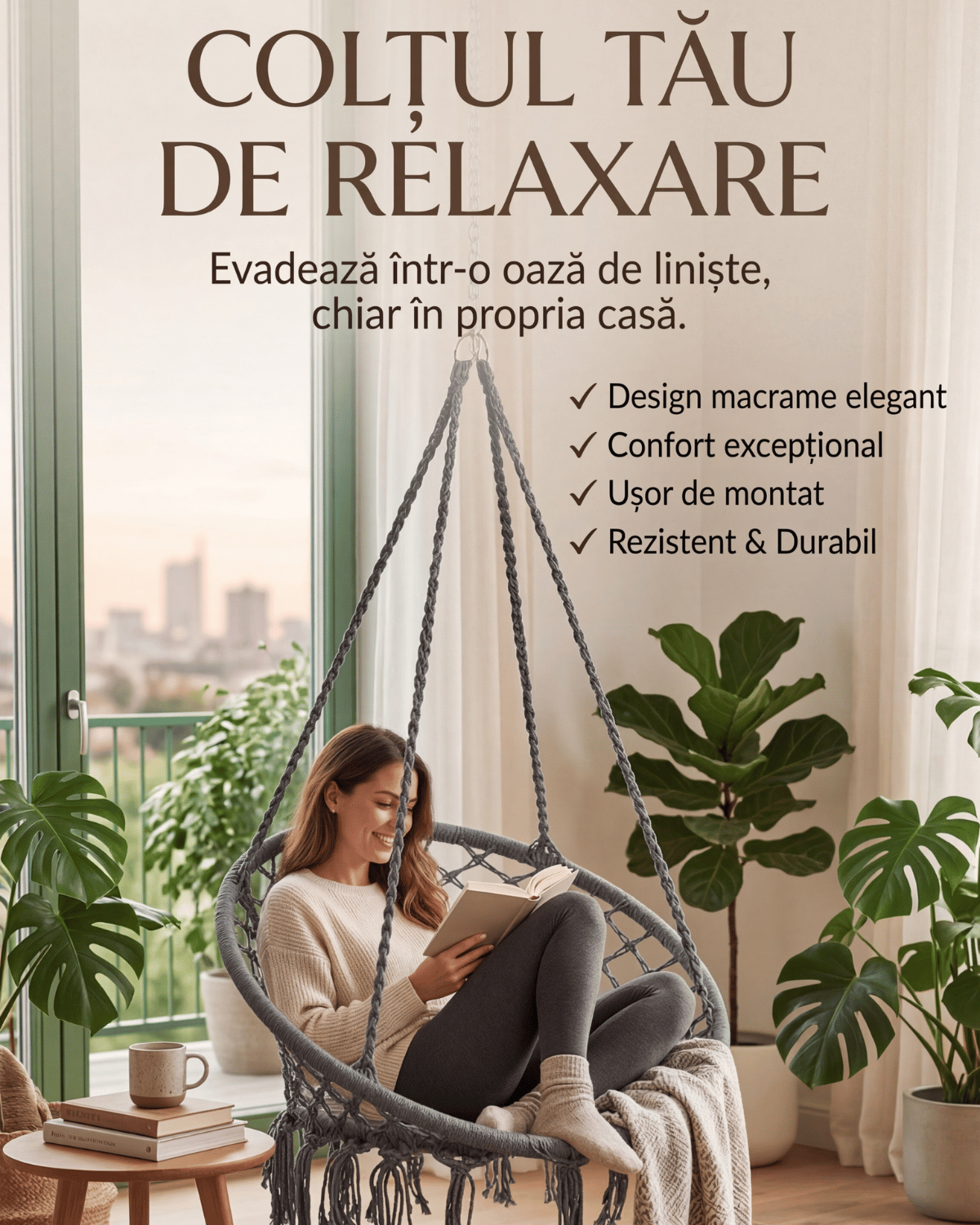 Fotoliu Suspendat Tip Leagăn Brazilian, Stil Boho cu Franjuri, 80cm, Sarcină Maximă 150kg, Cadru Oțel, Gri/Bej