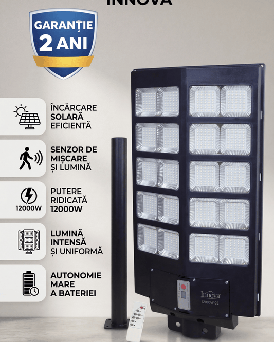 Lampa Solara Stradala Innova PRO 1000W, LED Next Gen, 12.000 Lumeni, Telecomanda, Senzor de Lumina, Autonomie 13 ore, Stalp metalic