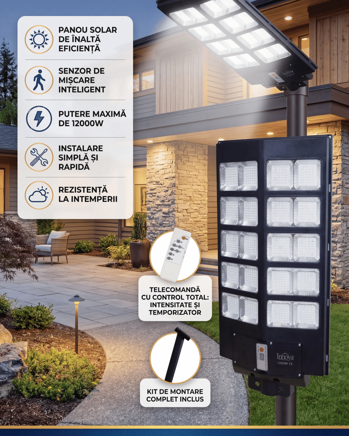 Lampa Solara Stradala Innova PRO 1000W, LED Next Gen, 12.000 Lumeni, Telecomanda, Senzor de Lumina, Autonomie 13 ore, Stalp metalic