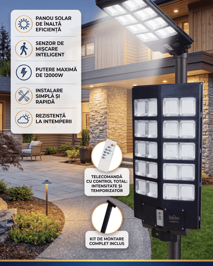 Lampa Solara Stradala Innova PRO 1000W, LED Next Gen, 12.000 Lumeni, Telecomanda, Senzor de Lumina, Autonomie 13 ore, Stalp metalic