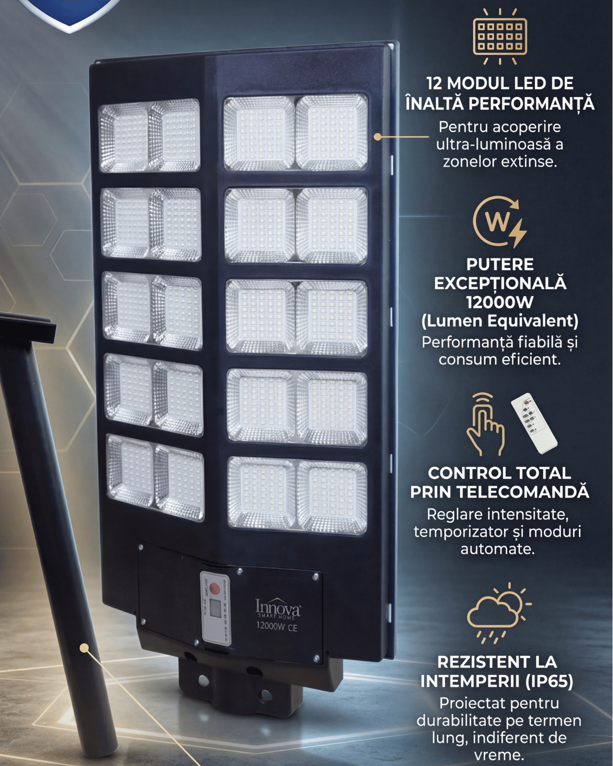 Lampa Solara Stradala Innova PRO 1000W, LED Next Gen, 12.000 Lumeni, Telecomanda, Senzor de Lumina, Autonomie 13 ore, Stalp metalic