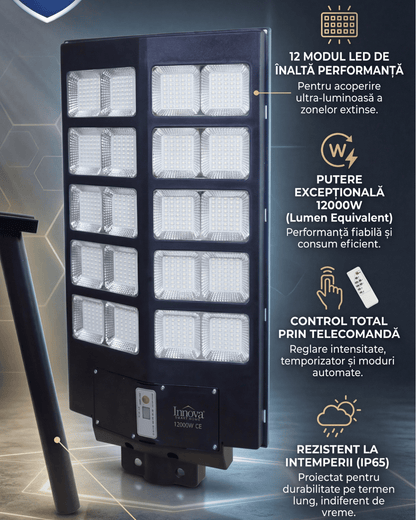 Lampa Solara Stradala Innova PRO 1000W, LED Next Gen, 12.000 Lumeni, Telecomanda, Senzor de Lumina, Autonomie 13 ore, Stalp metalic