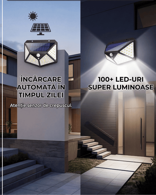 Set 8 lampi solare, 100 leduri cu senzori de miscare si 3 moduri de functionare, buton ON/OFF, Baterie 600 mAh