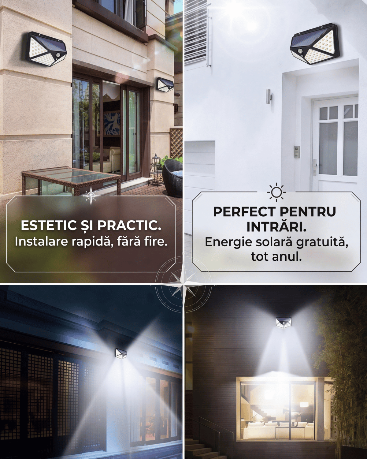 Set 8 lampi solare, 100 leduri cu senzori de miscare si 3 moduri de functionare, buton ON/OFF, Baterie 600 mAh