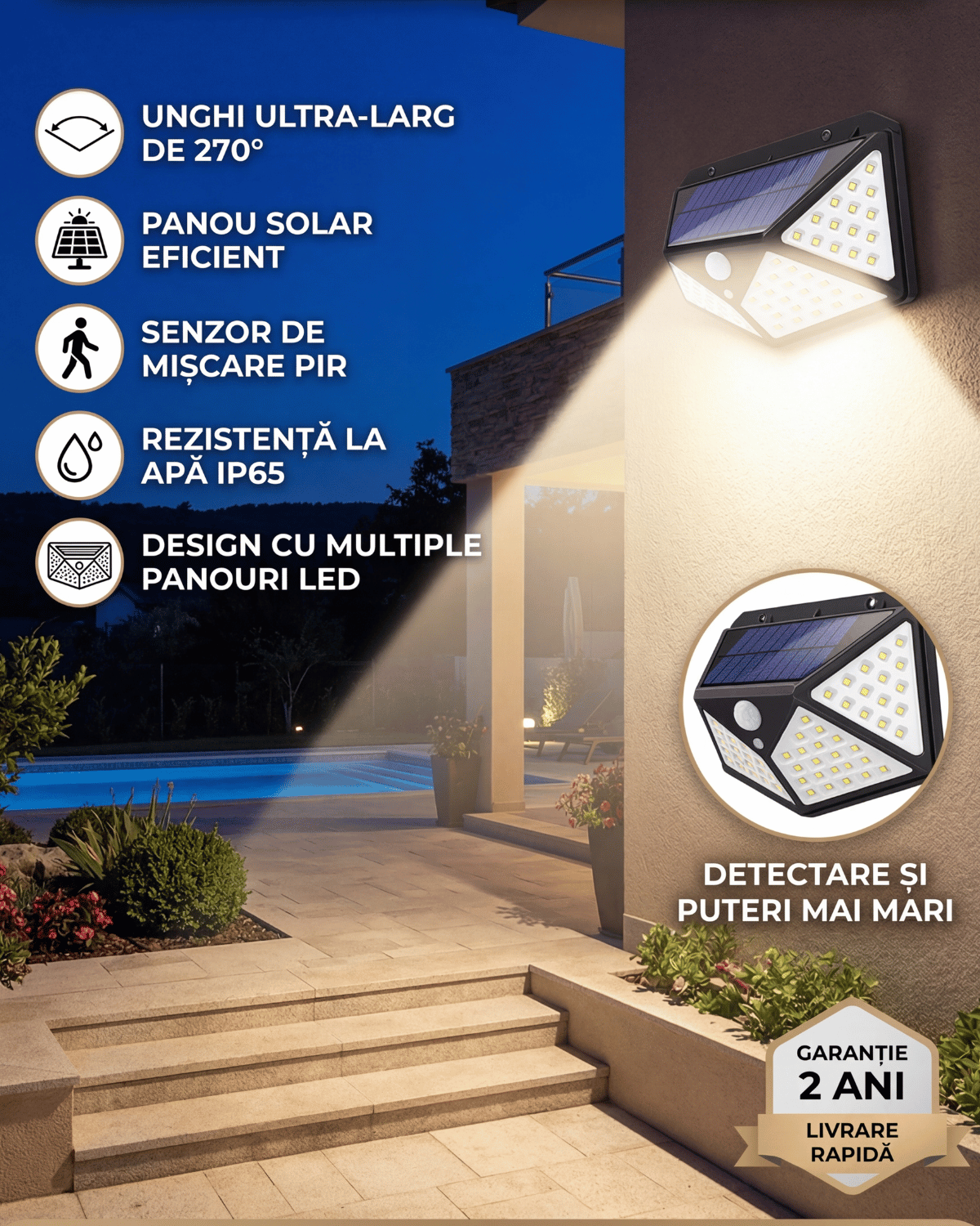 Set 8 lampi solare, 100 leduri cu senzori de miscare si 3 moduri de functionare, buton ON/OFF, Baterie 600 mAh