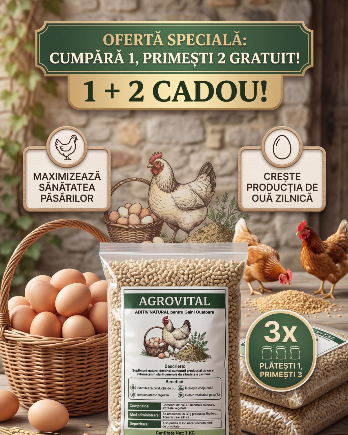 Ofertǎ 1+2 Gratis- Aditiv Natural Bio pentru Găini- ajuta la Hrănire și Ouat- 1kg