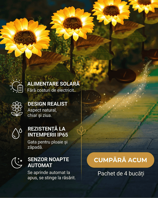 Set 4x Lămpi Solare LED tip Floarea Soarelui pentru Grădină, 10 Micro-LED-uri, Înălțime 70 cm, IP65, Iluminare Automată cu Senzor