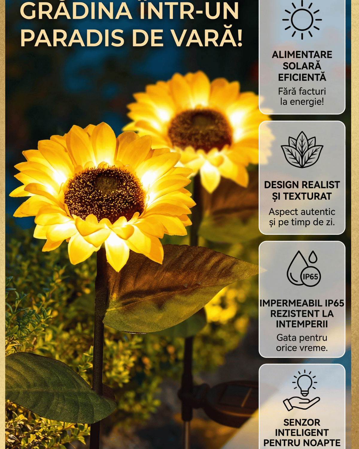 Set 4x Lămpi Solare LED tip Floarea Soarelui pentru Grădină, 10 Micro-LED-uri, Înălțime 70 cm, IP65, Iluminare Automată cu Senzor