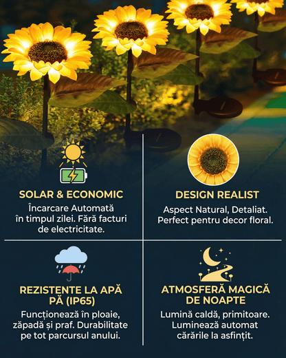 Set 4x Lămpi Solare LED tip Floarea Soarelui pentru Grădină, 10 Micro-LED-uri, Înălțime 70 cm, IP65, Iluminare Automată cu Senzor