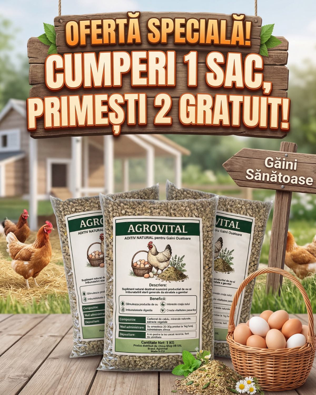 Ofertǎ 1+2 Gratis- Aditiv Natural Bio pentru Găini- ajuta la Hrănire și Ouat- 1kg