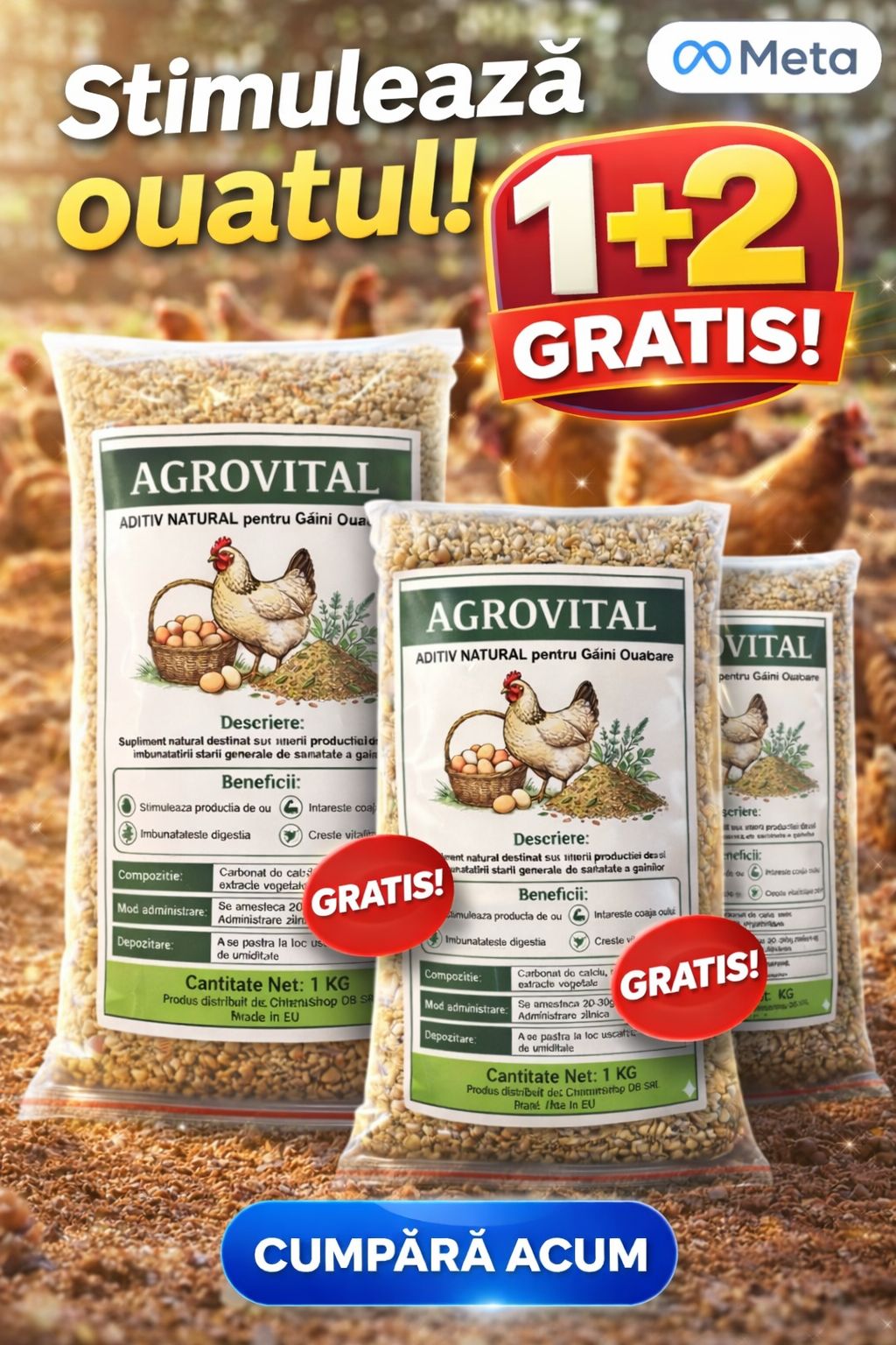 Pachet 1+2 Gratis- Aditiv Natural Bio pentru Găini- Hrănire și Ouat- 1kg